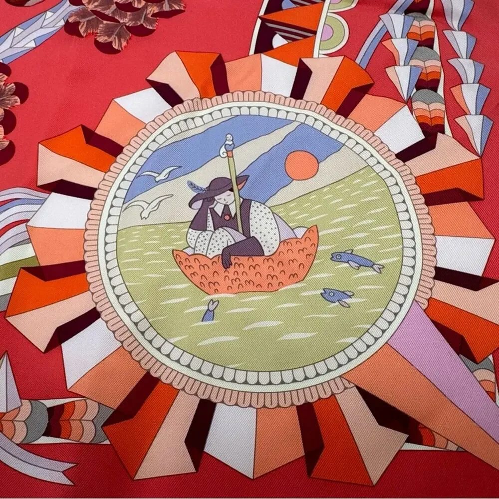 Hermes, silk scarf. The theme is the magic umbrella, coral colorway w/vignettes.